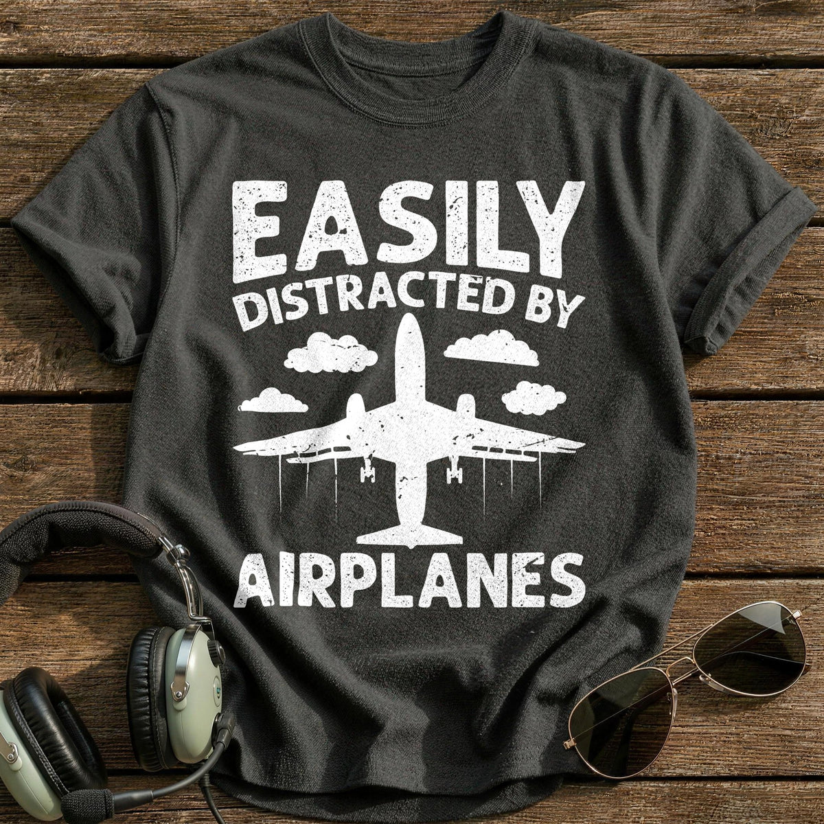 Easily Distracted By Airplanes 1 T-Shirt - Charcoal