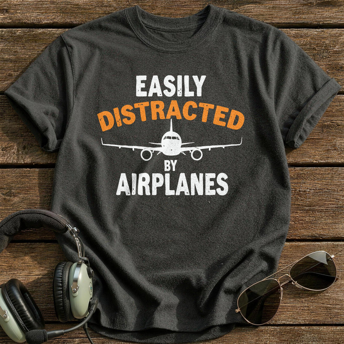 Easily Distracted By Airplanes 2 T-Shirt - Charcoal