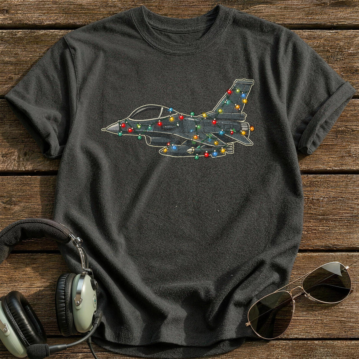 Fighter Jet Christmas Lights 12 T-Shirt - Charcoal