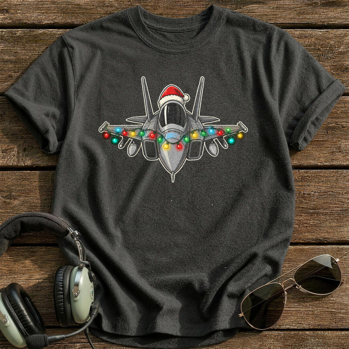 Fighter Jet Christmas Lights 49 T-Shirt - Charcoal