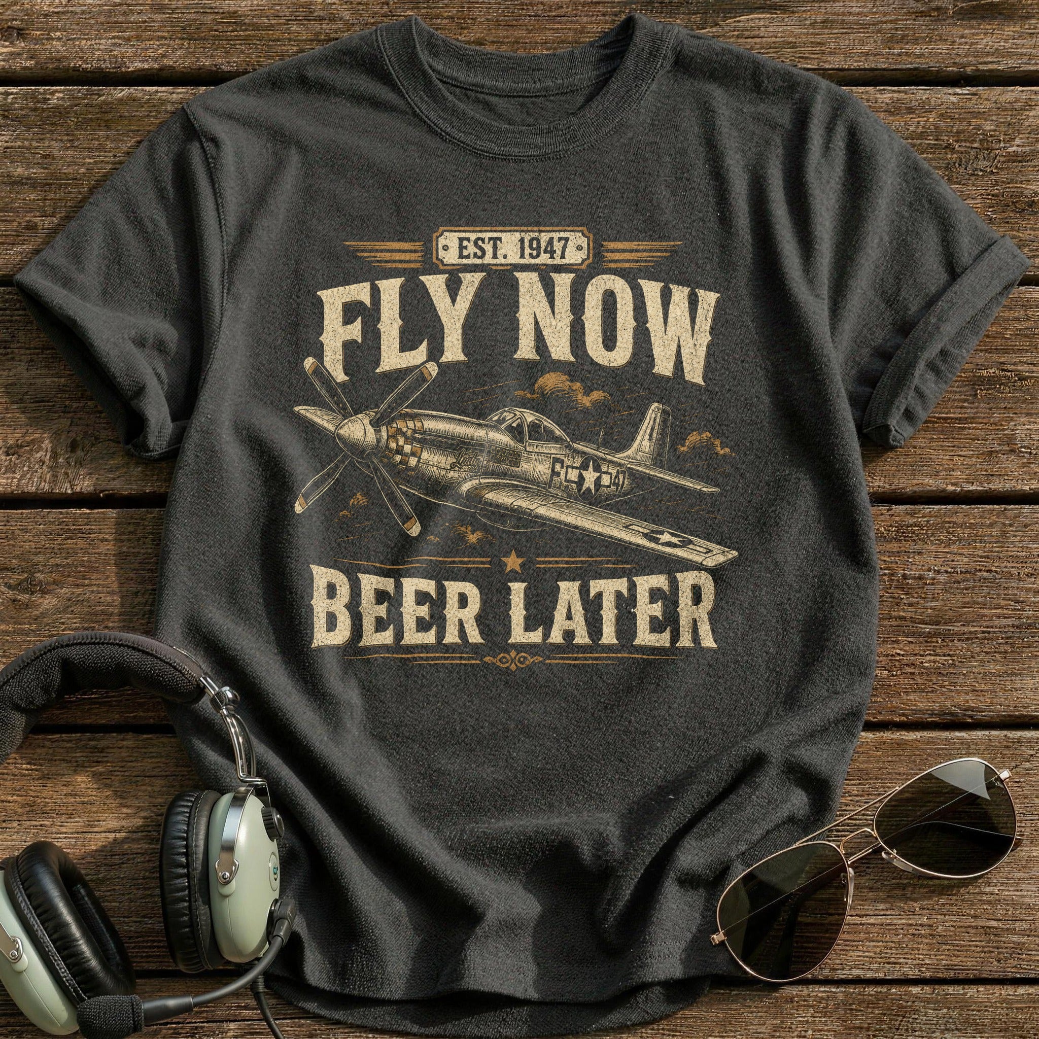 Fly Now Beer Later T-Shirt - Charcoal