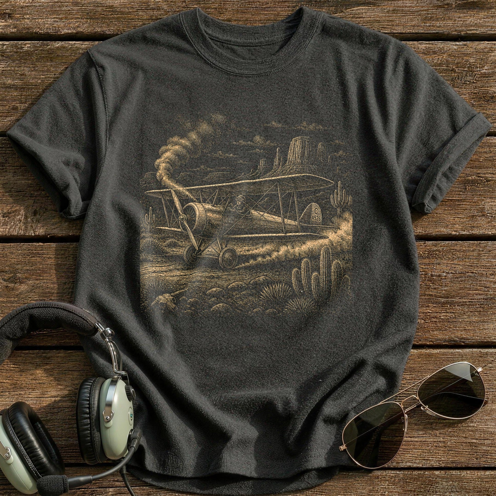 Frontier Biplane In The Desert T-Shirt - Charcoal