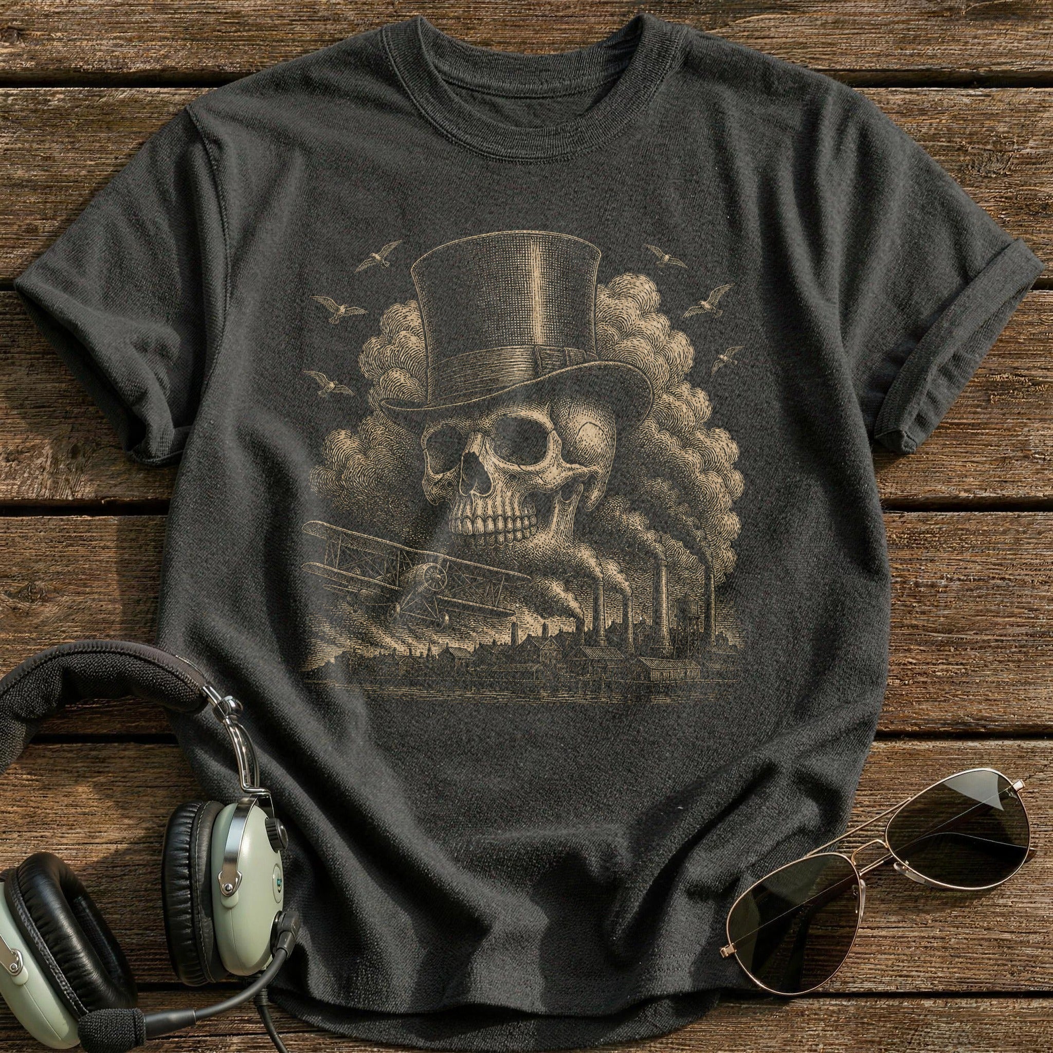 Gentleman Aviator Skull Top Hat T-Shirt - Charcoal