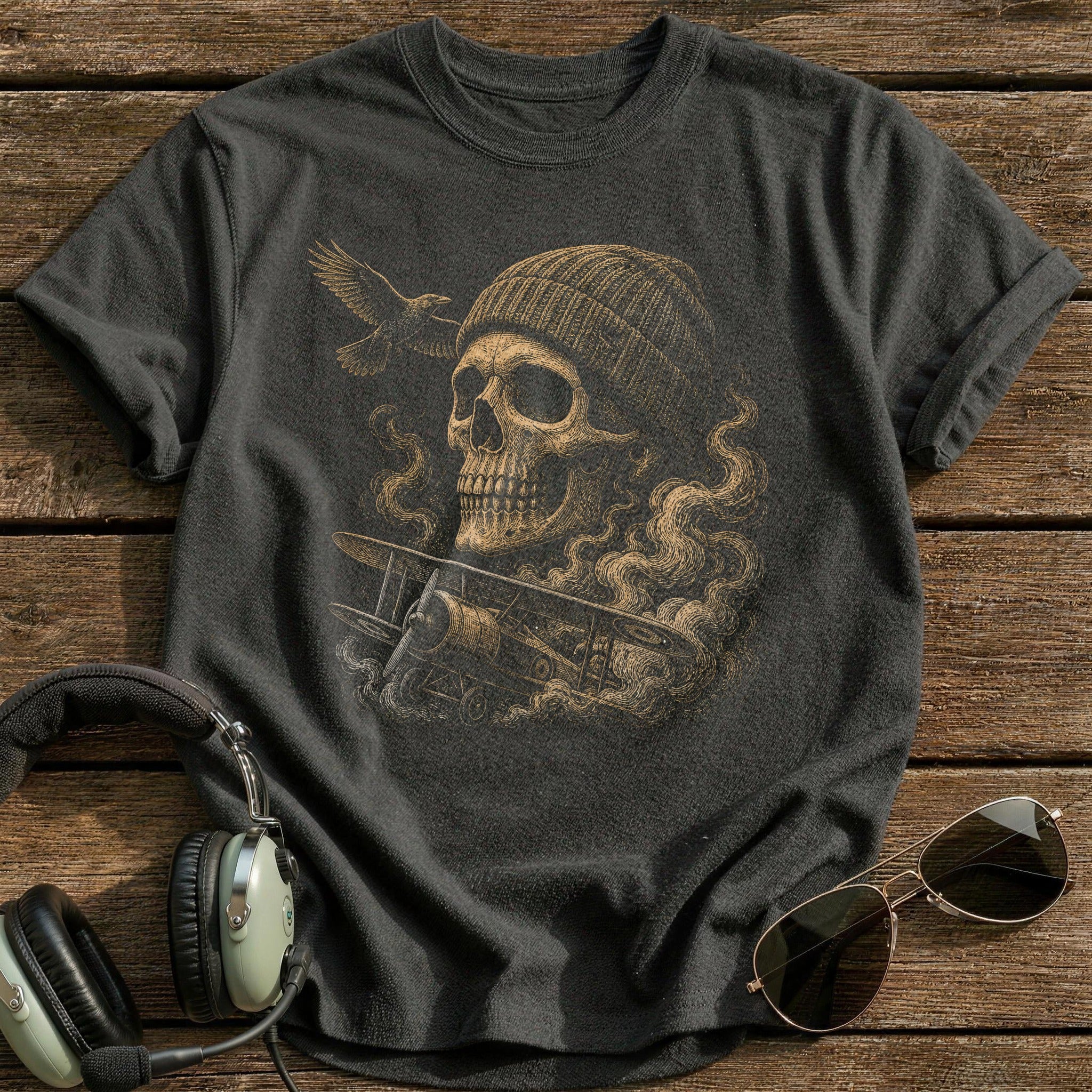 Ground Crew Skull Knit Cap T-Shirt - Charcoal