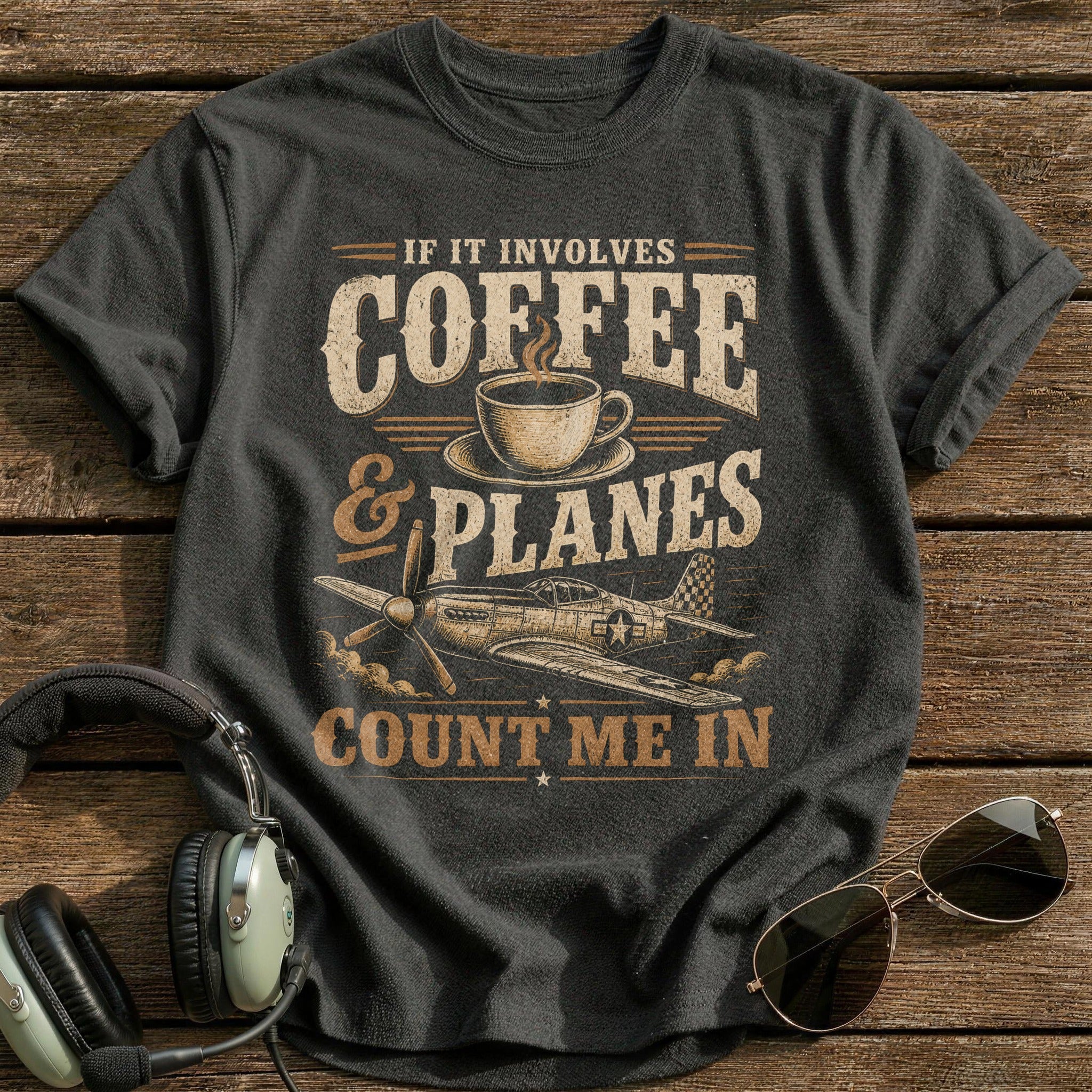 If It Involves Coffee & Planes Count Me In T-Shirt - Charcoal