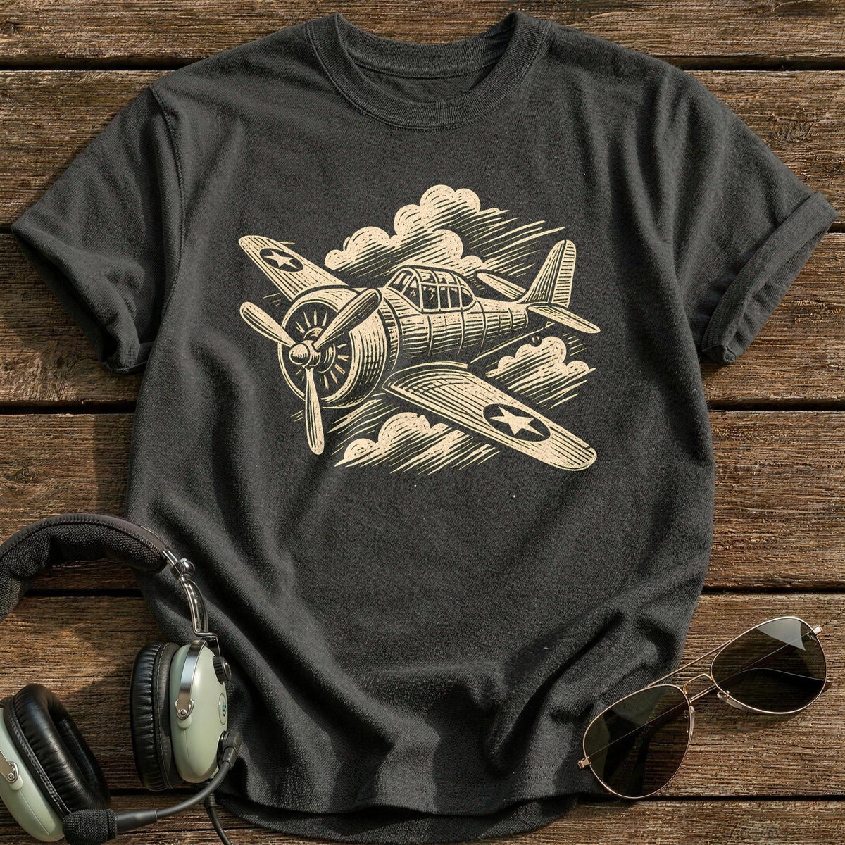 Linocut Plane 11 T-Shirt - Charcoal