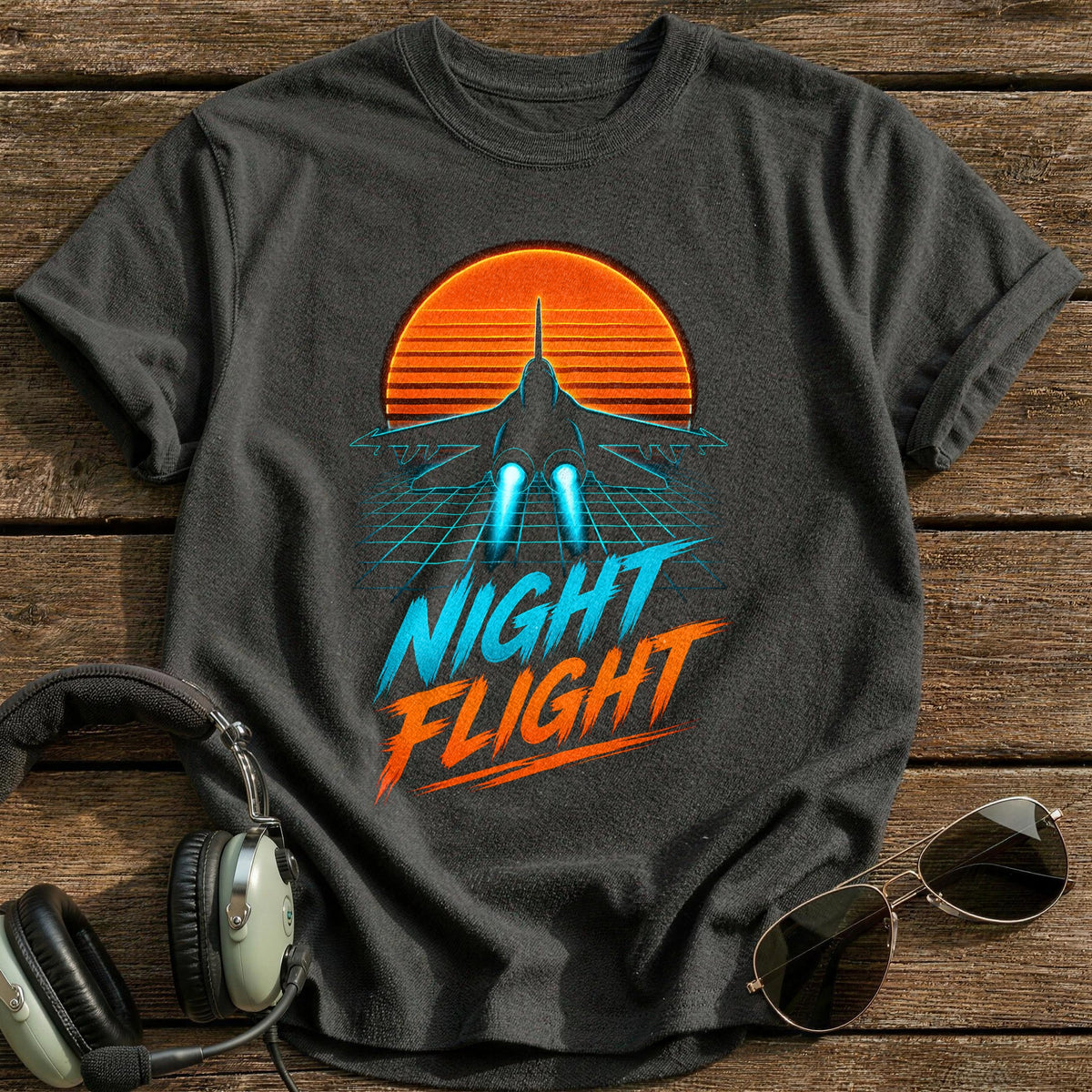 Night Flight Synthwave 71 T-Shirt - Charcoal
