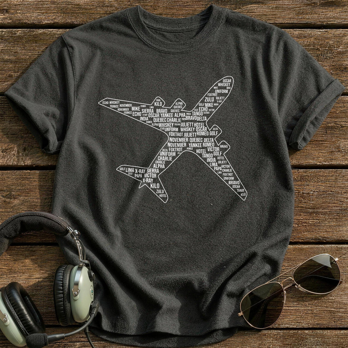 Phonetic Alphabet Plane Word Cloud T-Shirt - Charcoal