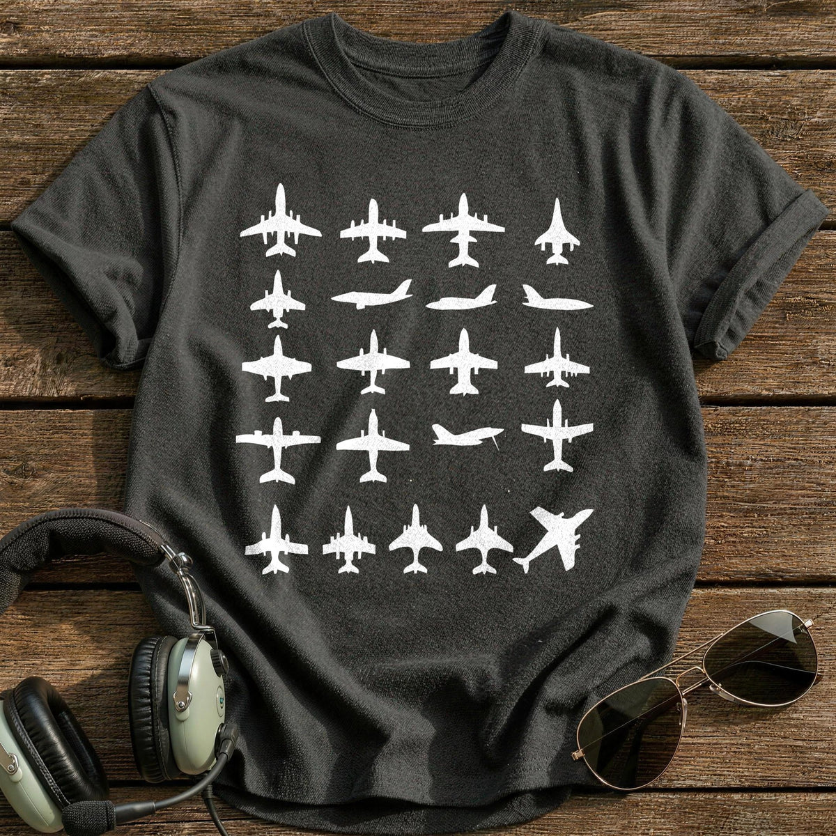 Plane Silhouette Grid T-Shirt - Charcoal