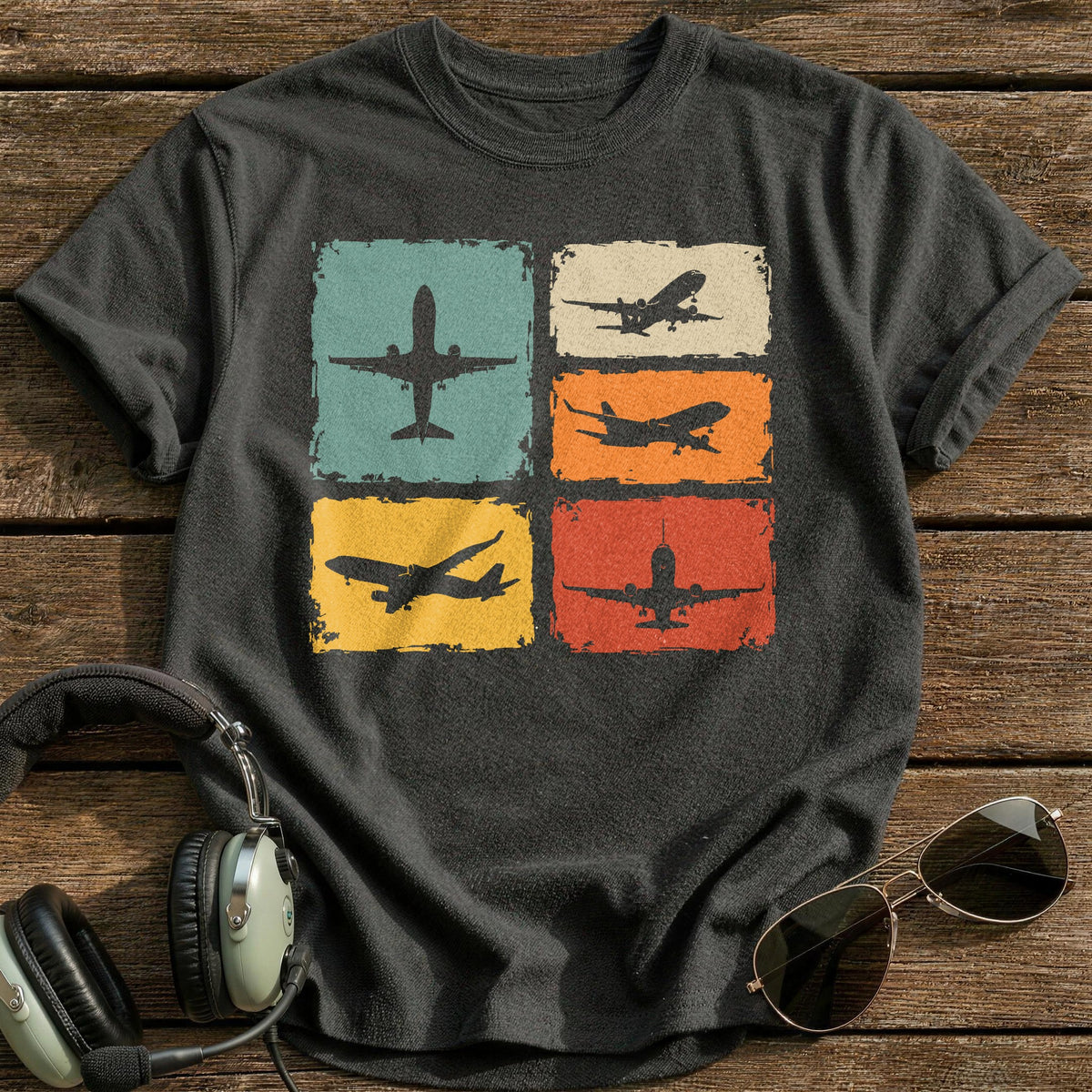 Retro Planes Tiles T-Shirt - Charcoal