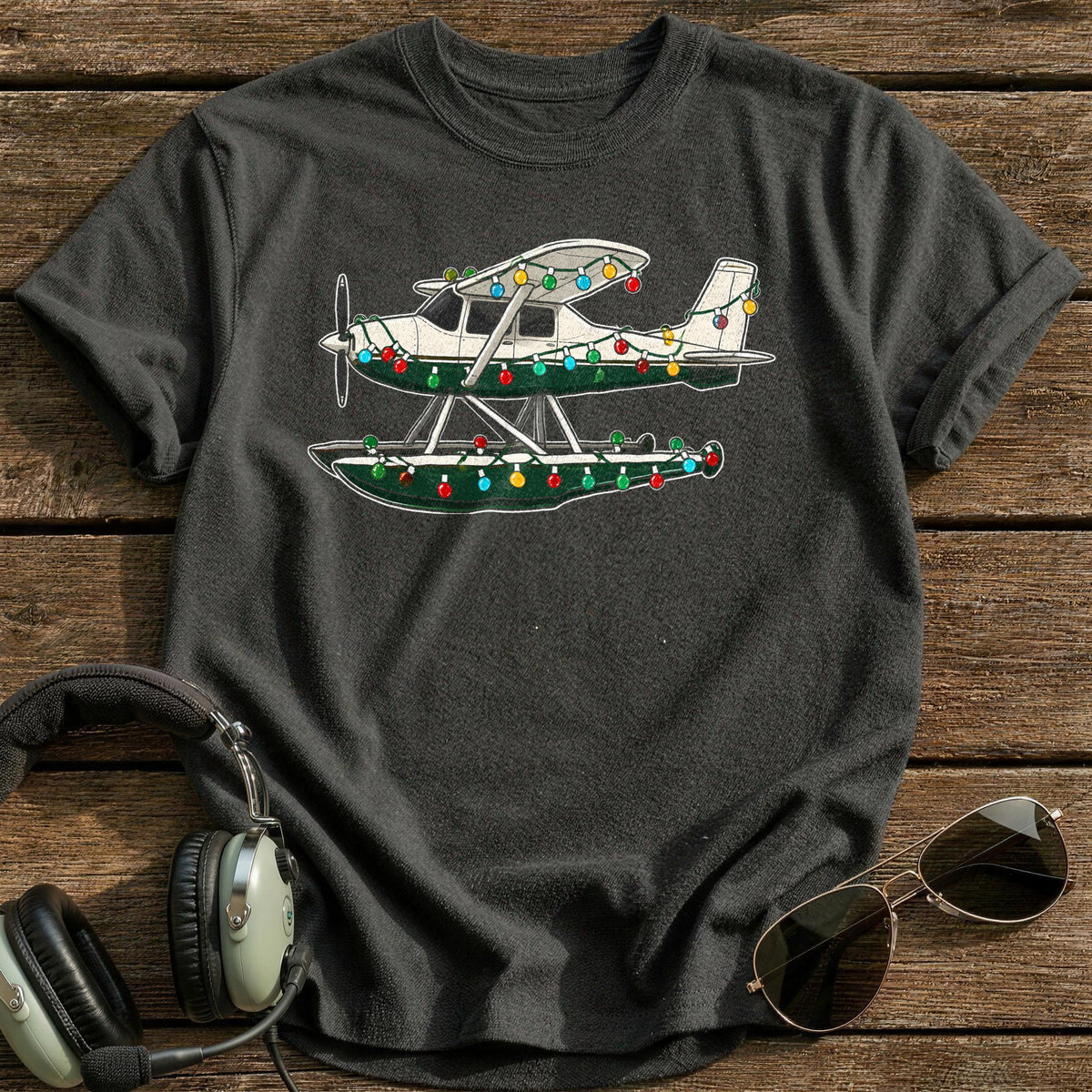 Seaplane Christmas Lights 77 T-Shirt - Charcoal