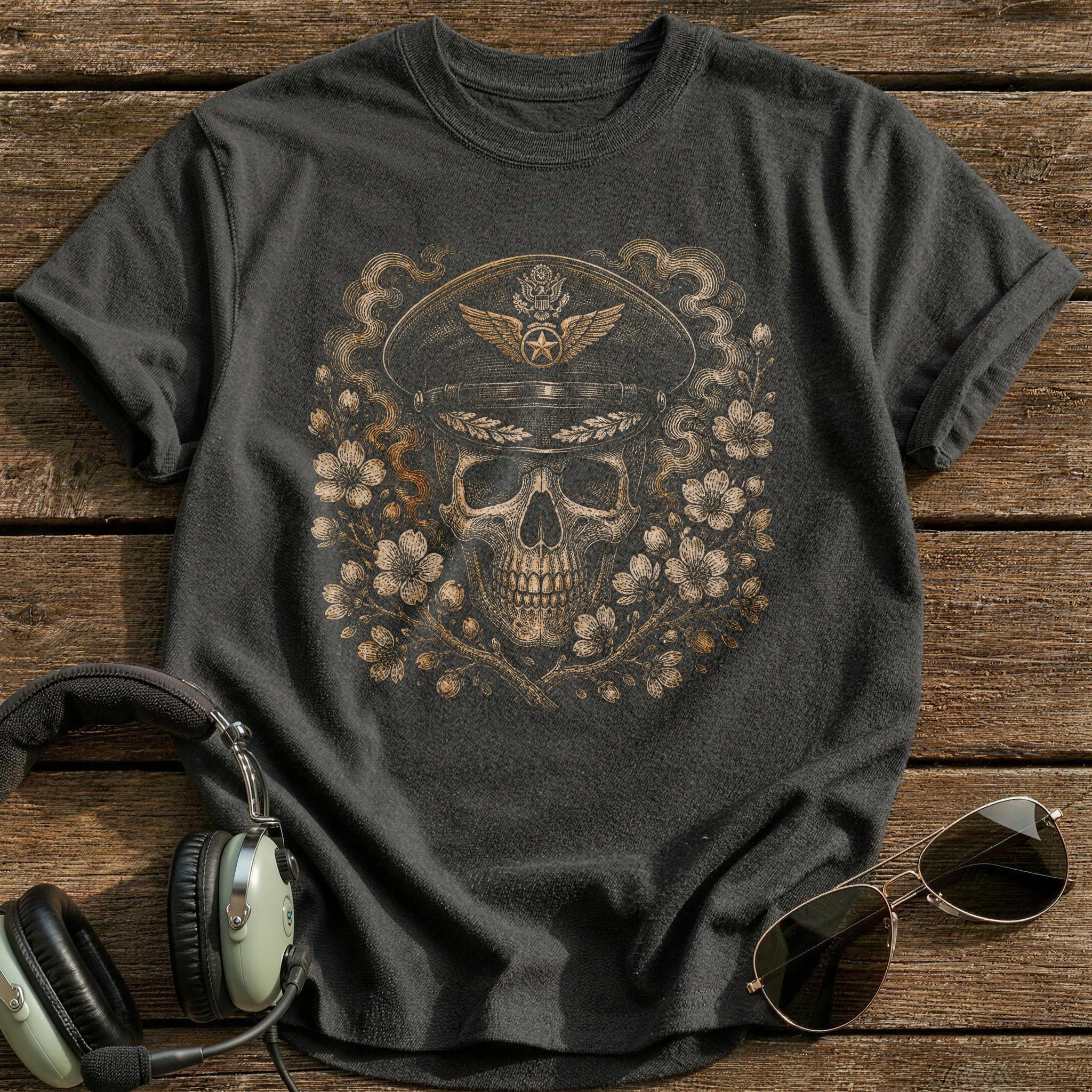 Squadron Skull Officer Cap Blossom T-Shirt - Charcoal