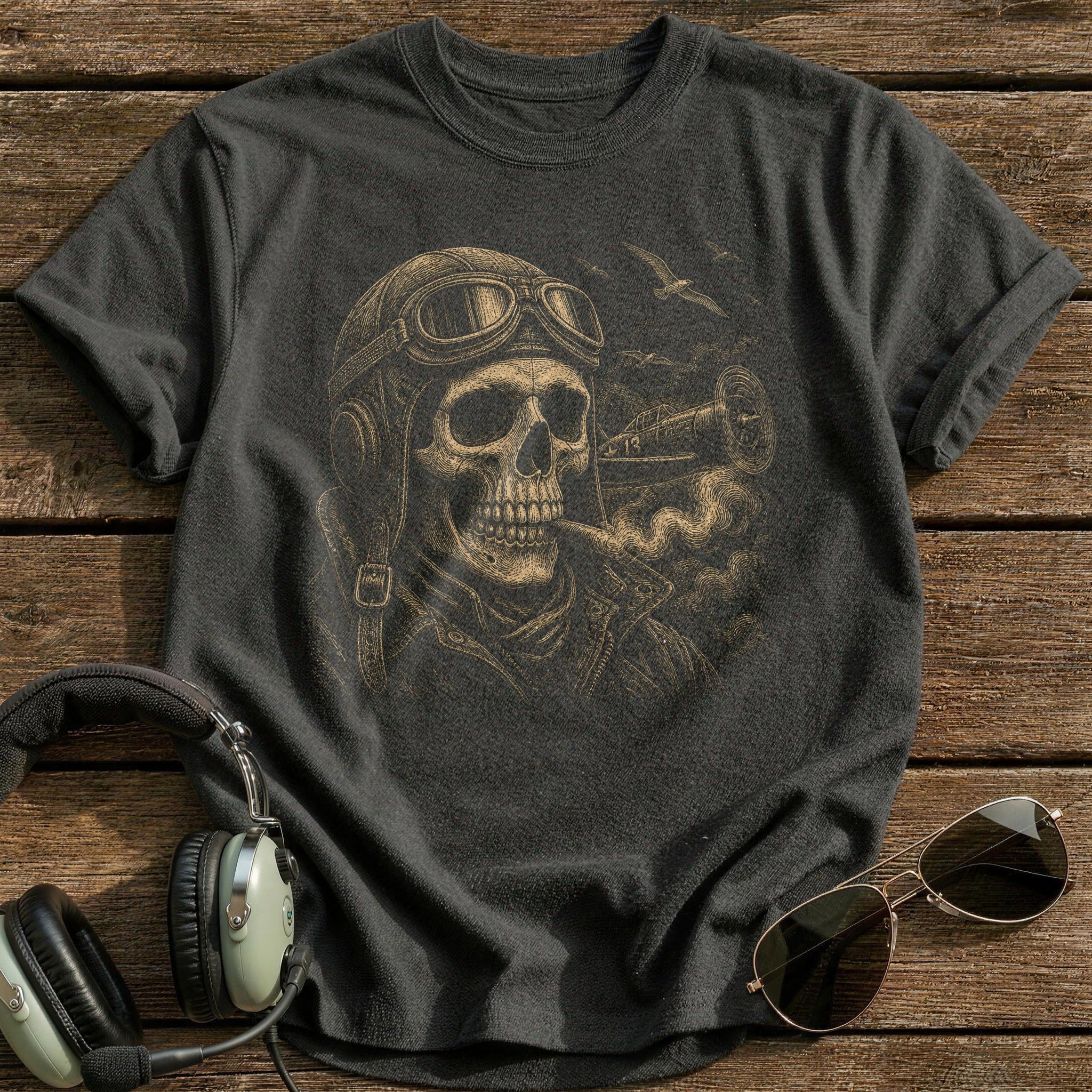 Test Pilot Skull Flying Helmet T-Shirt - Charcoal