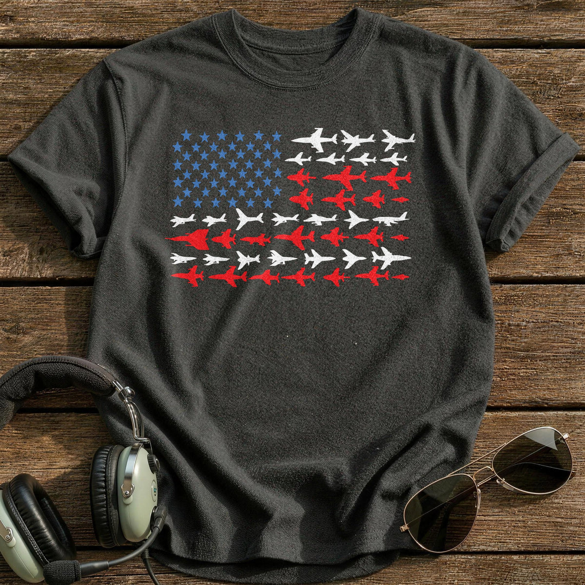 USA Flag Planes T-Shirt - Charcoal