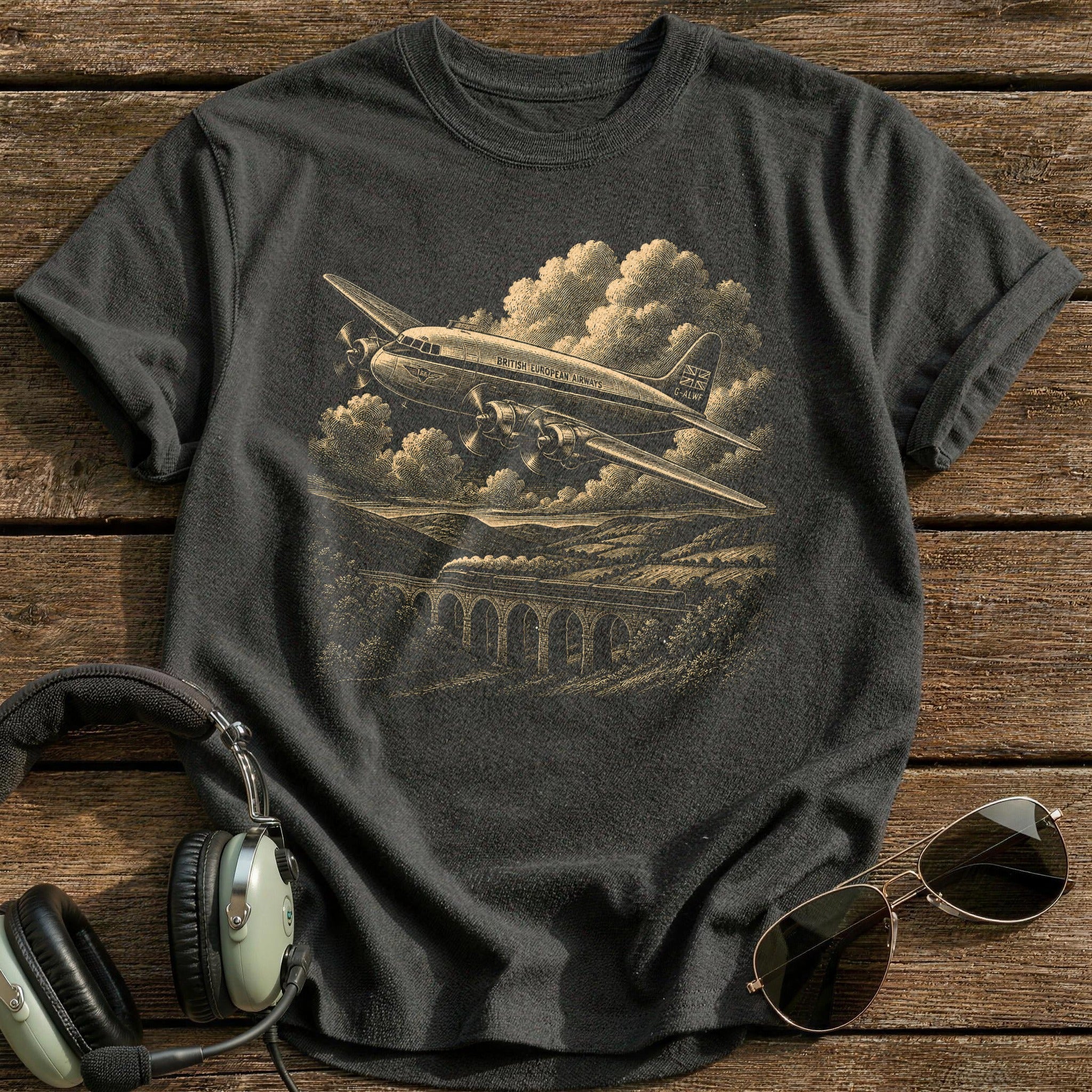 Vintage Airliner Over Hills T-Shirt - Charcoal