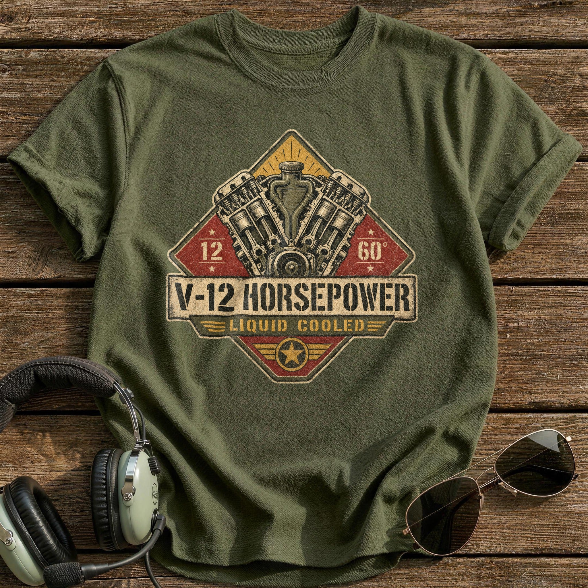 V-12 Horsepower T-Shirt - Military Green