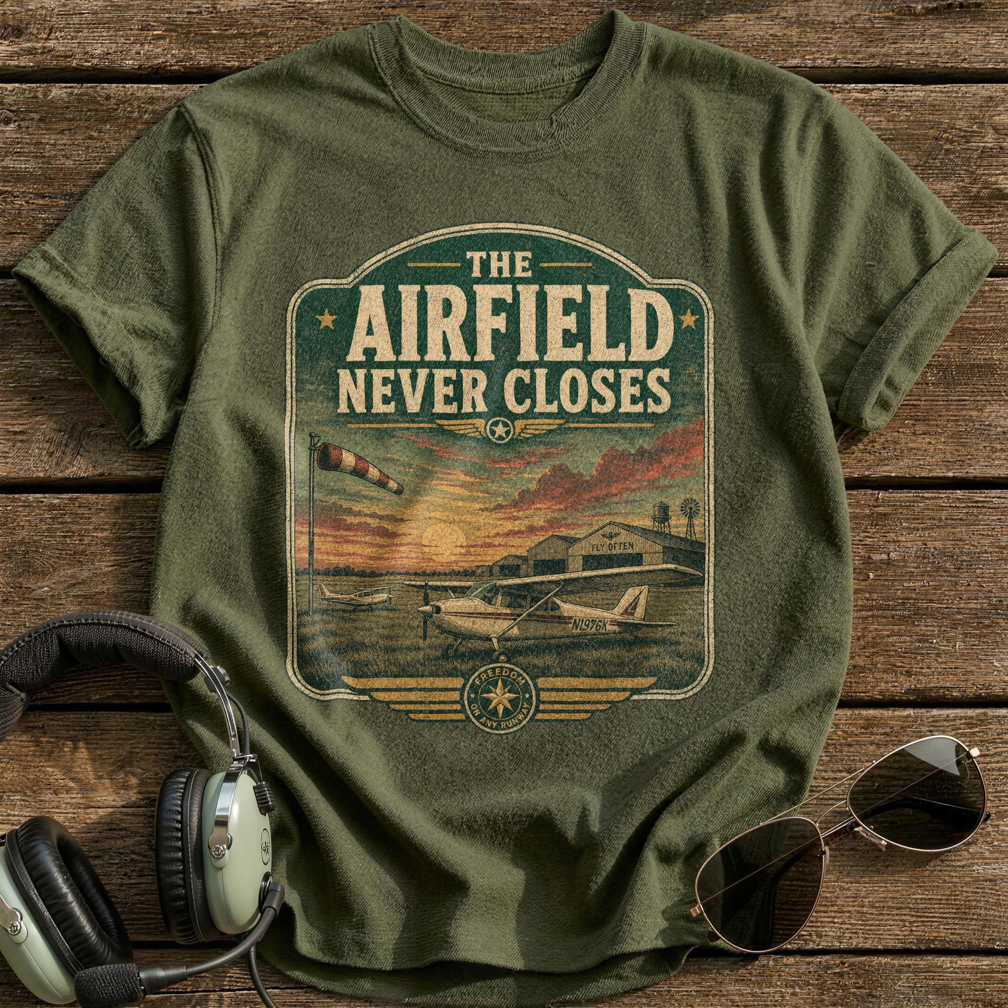 The Airfield Never Closes T-Shirt - Military Green