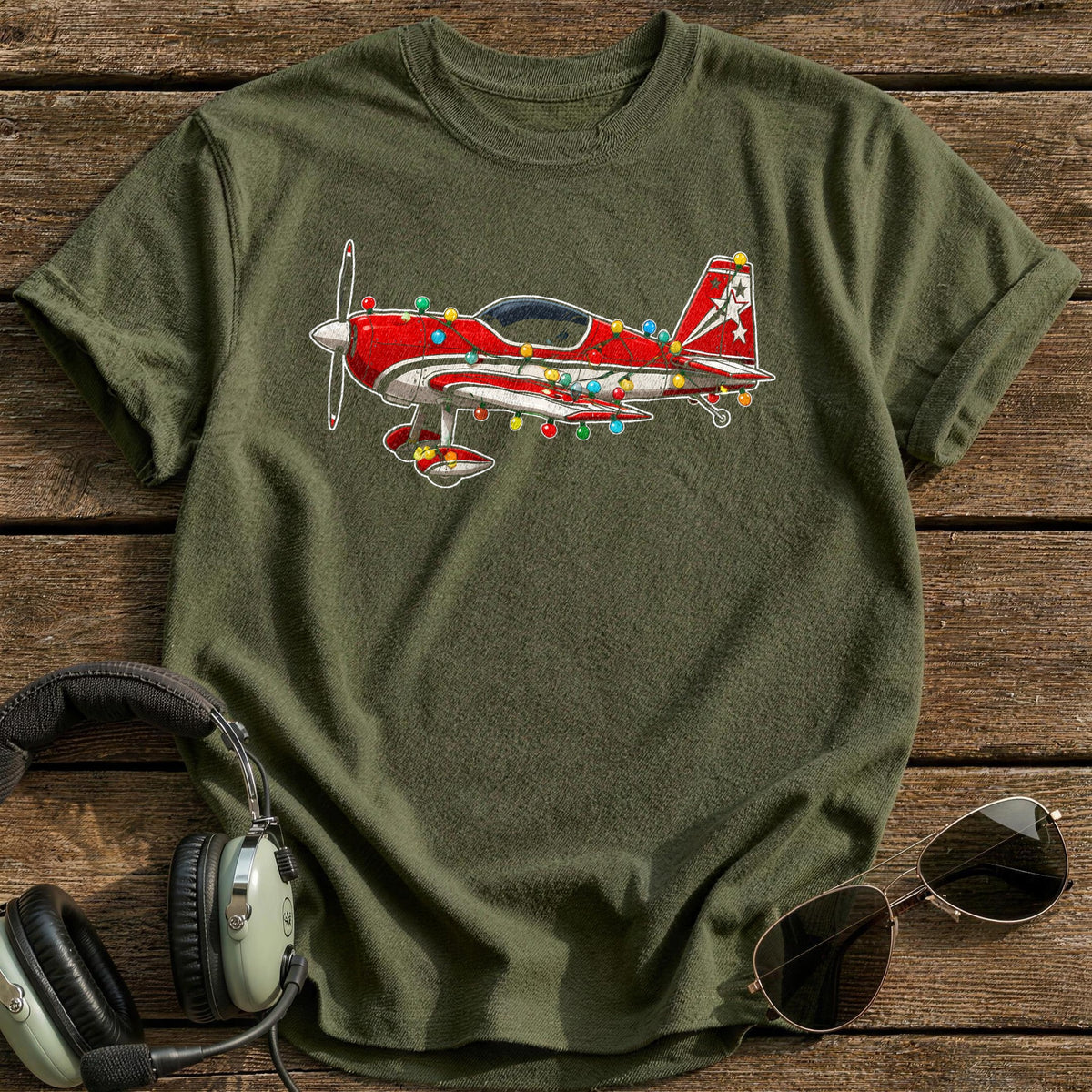 Aerobatic Plane Christmas Lights 56 T-Shirt - Military Green