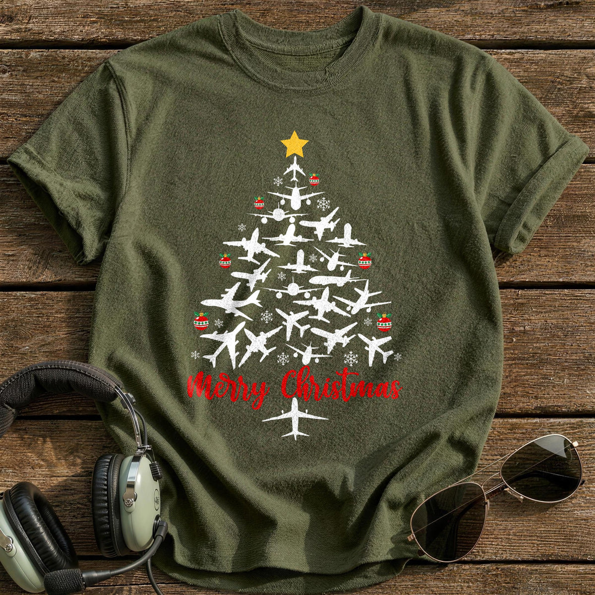 Airplane Christmas Tree T-Shirt - Military Green