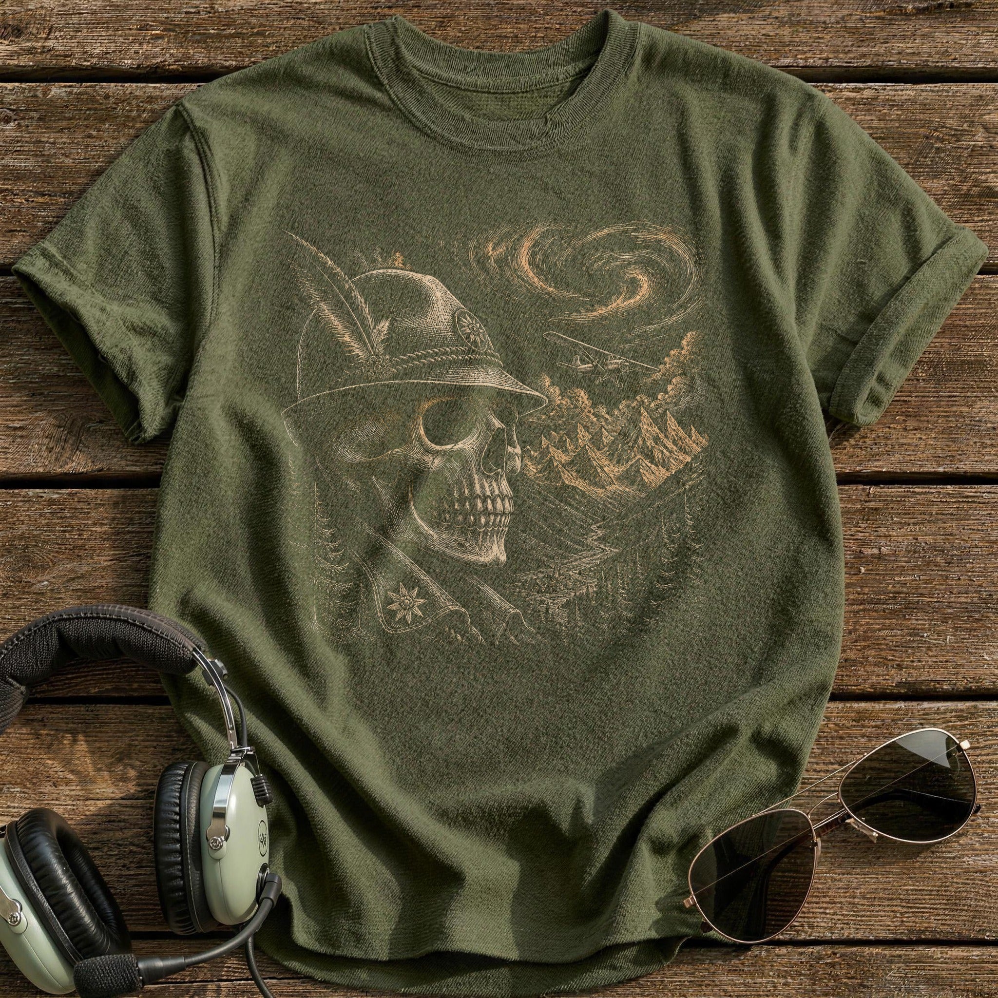 Alpine Aviator Skull Feathered Hat T-Shirt - Military Green