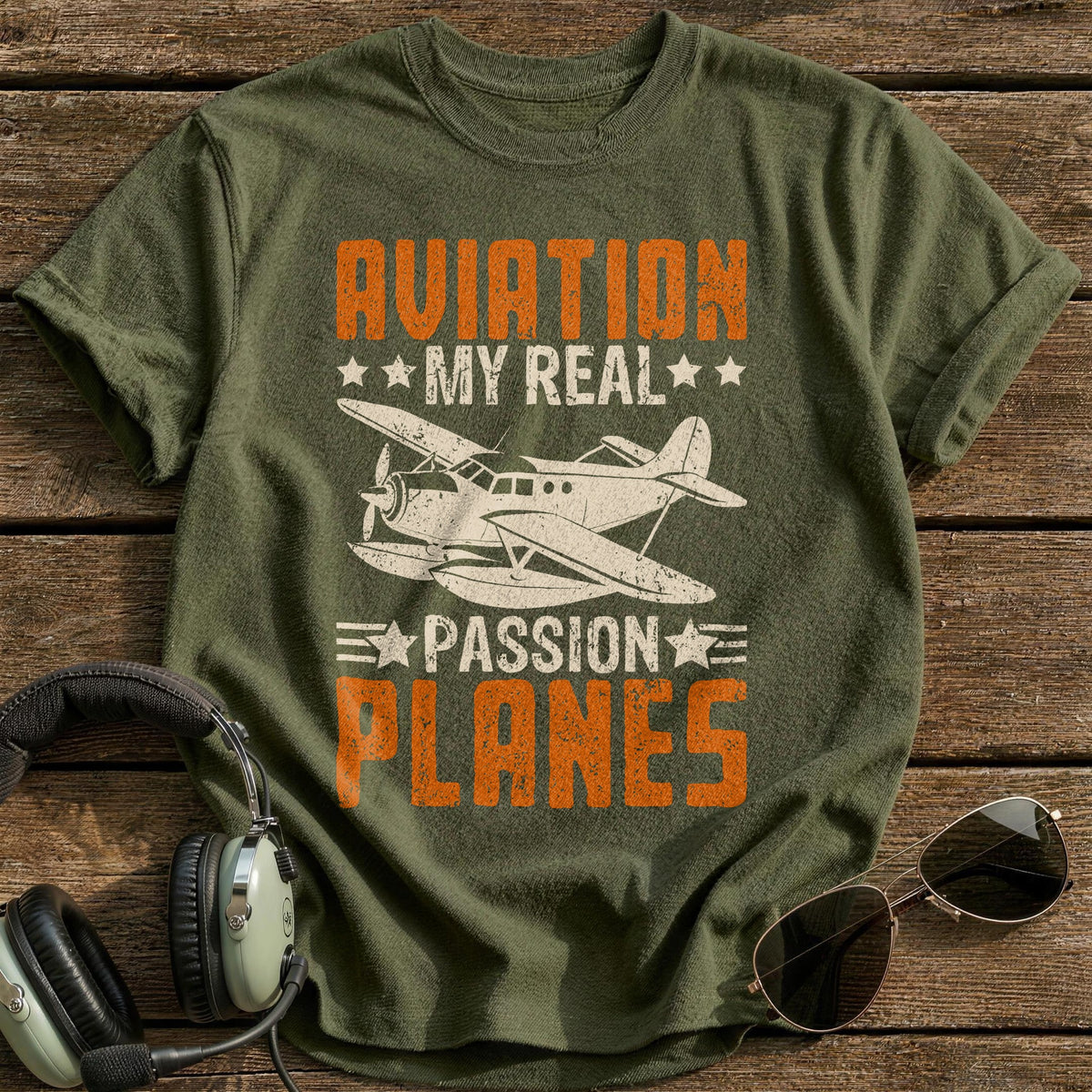 Aviation My Real Passion Planes T-Shirt - Military Green