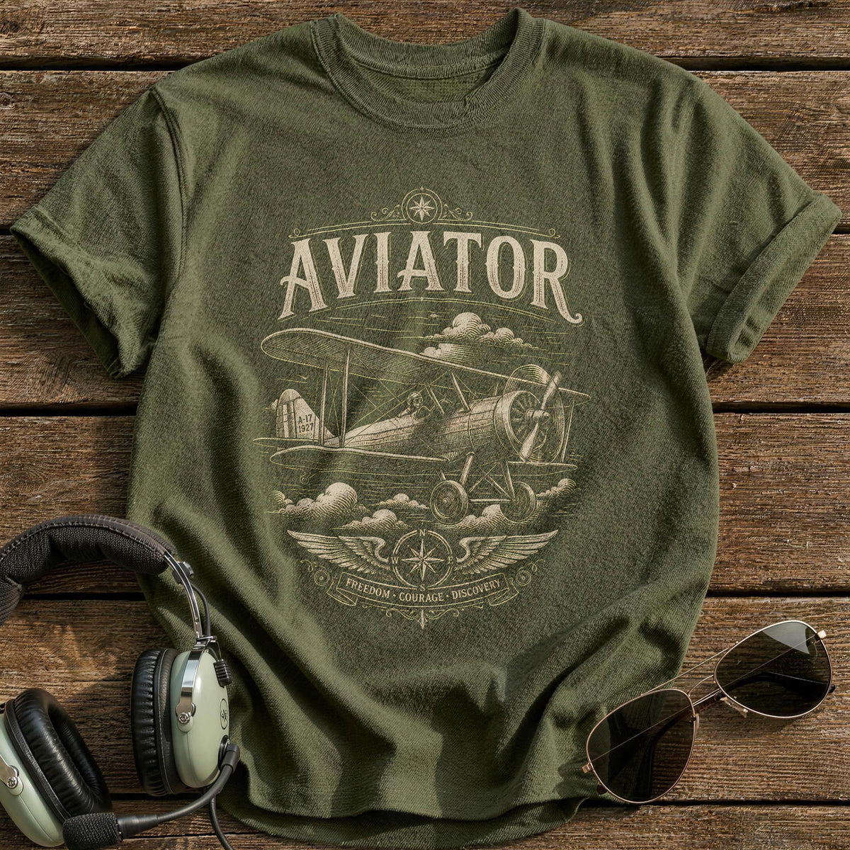 Aviator Woodcut 89 T-Shirt - Military Green
