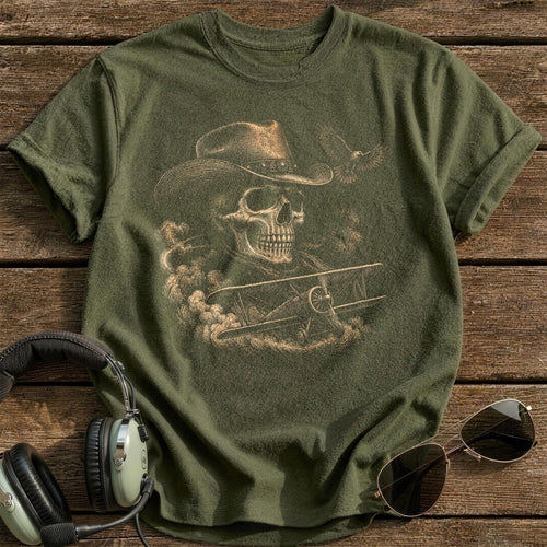 Barnstormer Skull Cowboy Hat T-Shirt - Military Green
