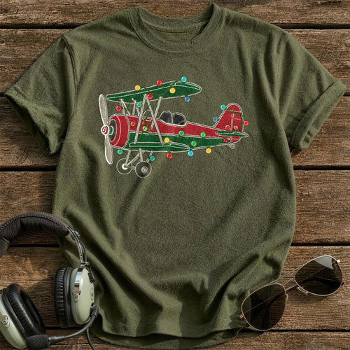 Biplane Christmas Lights 18 T-Shirt - Military Green