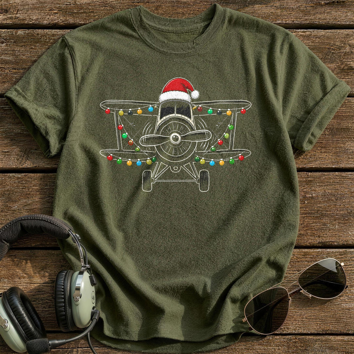 Biplane Christmas Lights 26 T-Shirt - Military Green