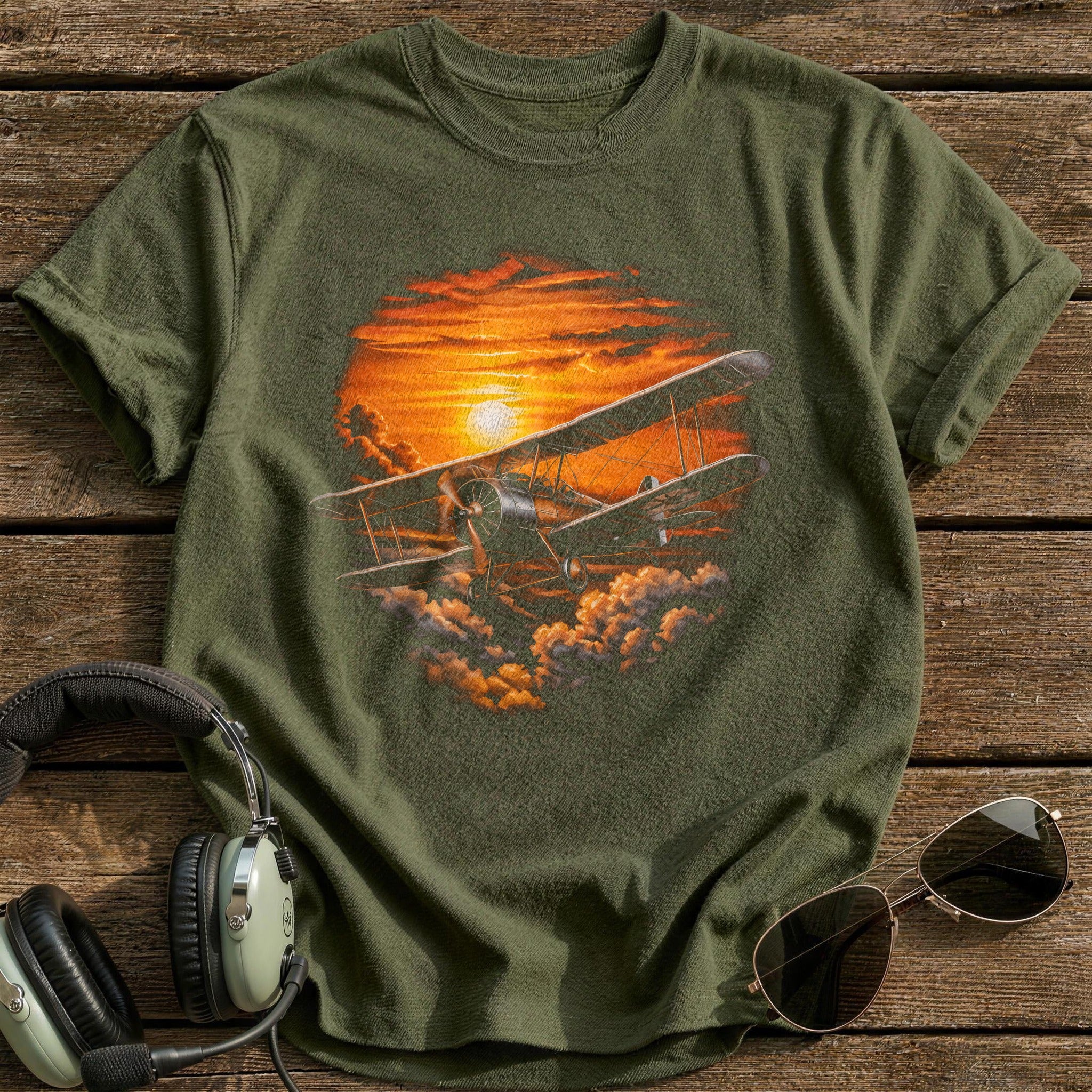 Biplane Sunset T-Shirt - Military Green