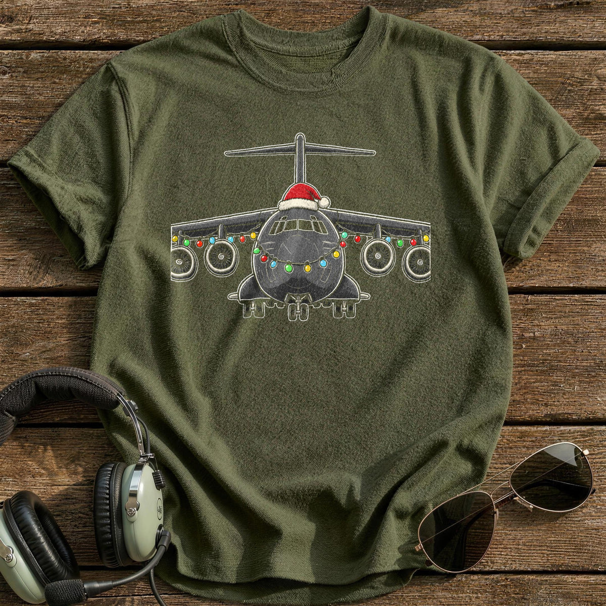 Cargo Plane Christmas Lights 19 T-Shirt - Military Green