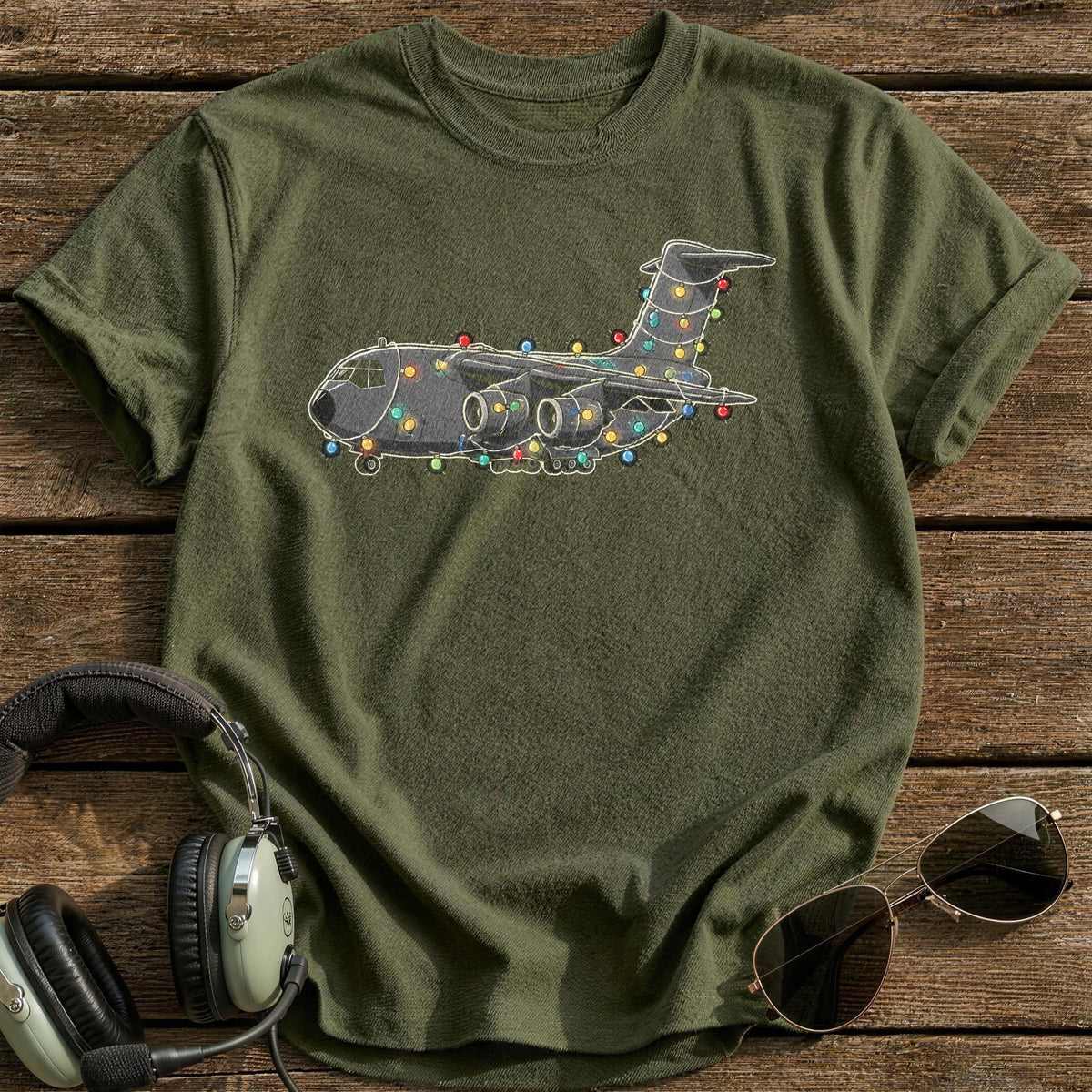 Cargo Plane Christmas Lights 89 T-Shirt - Military Green