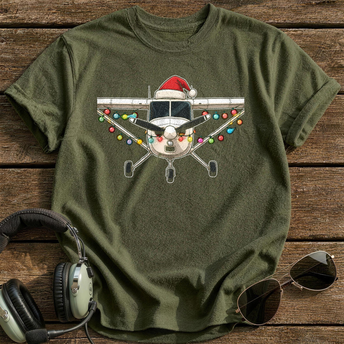 Cessna Christmas Lights 76 T-Shirt - Military Green