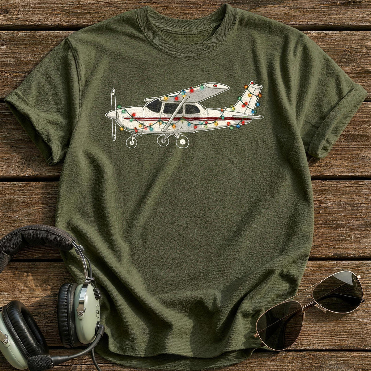 Cessna Christmas Lights 86 T-Shirt - Military Green