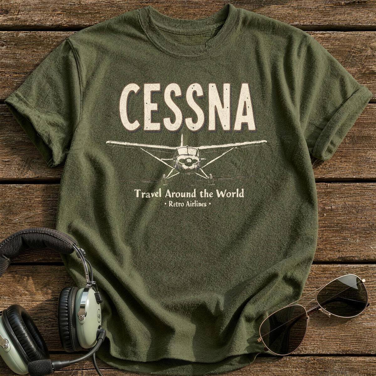 Cessna Travel Around The World T-Shirt - Military Green