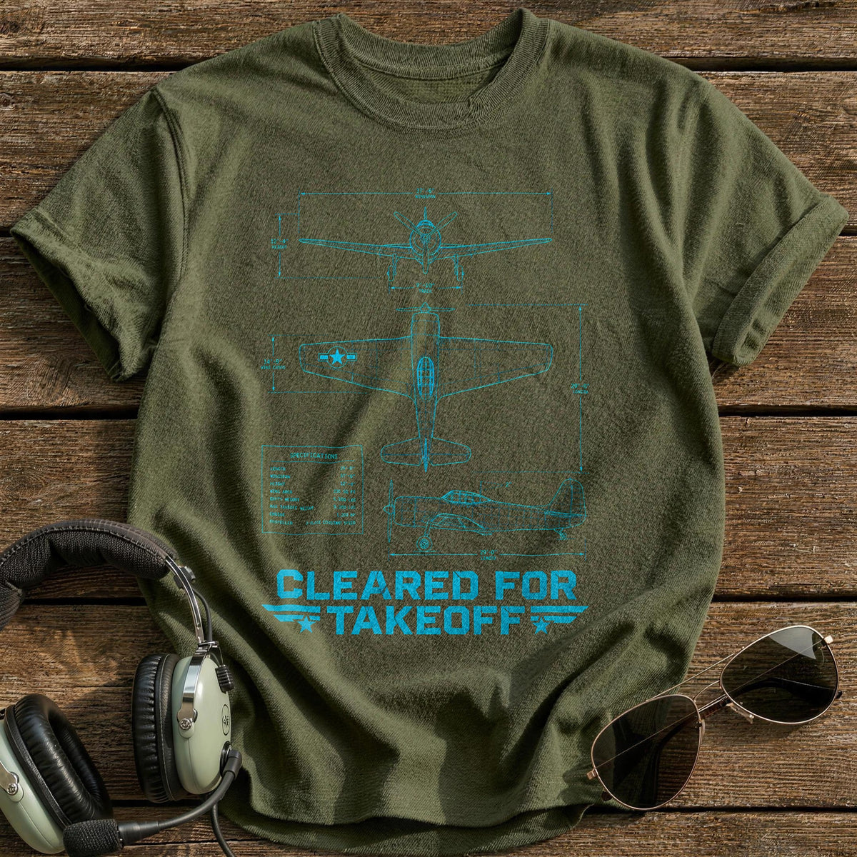 Cleared For Takeoff Blueprint 28 T-Shirt - Military Green