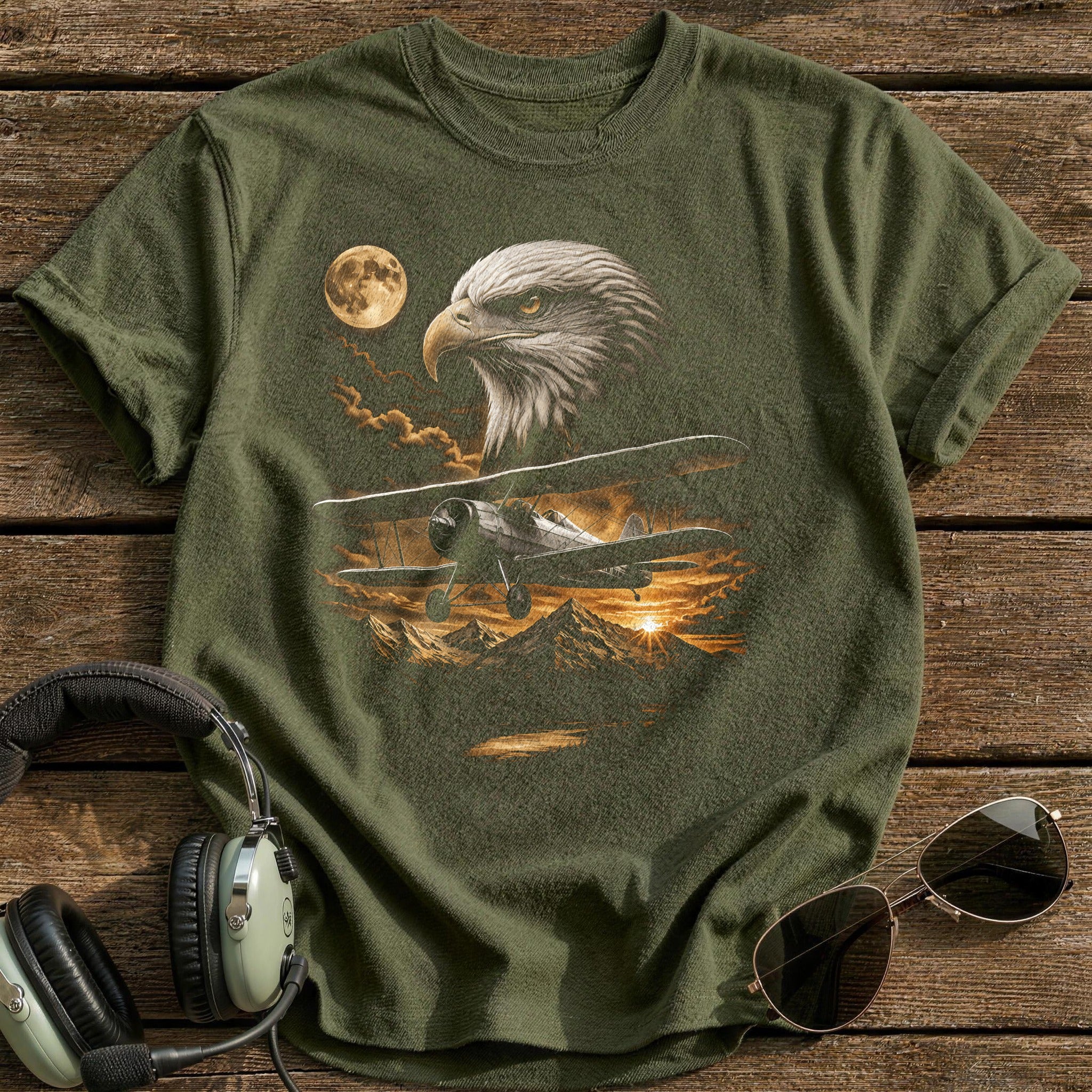 Eagle Biplane Sunset T-Shirt - Military Green
