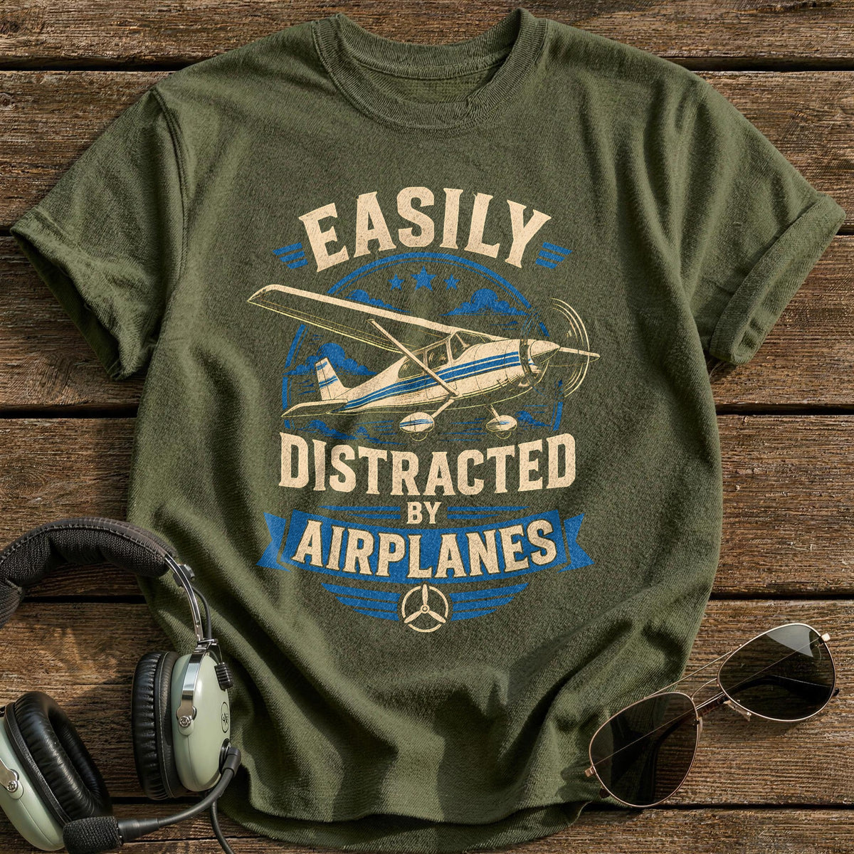 Easily Distracted Airplanes 39 T-Shirt - Military Green