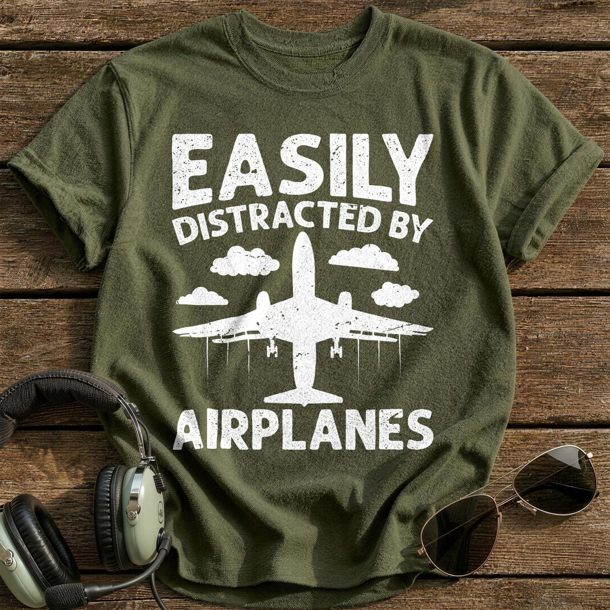 Easily Distracted By Airplanes 1 T-Shirt - Military Green