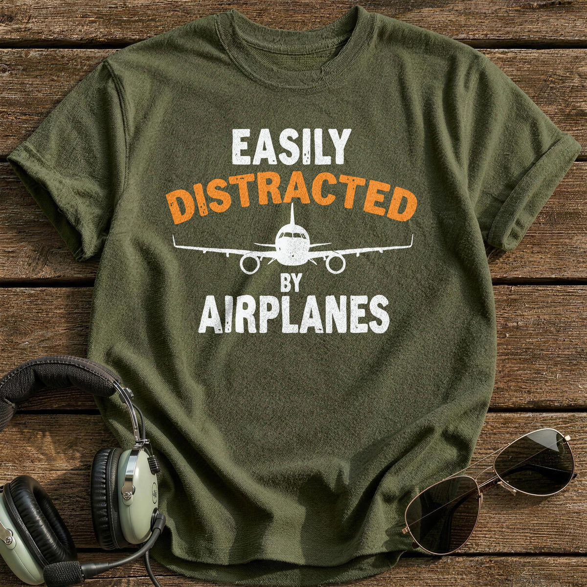 Easily Distracted By Airplanes 2 T-Shirt - Military Green
