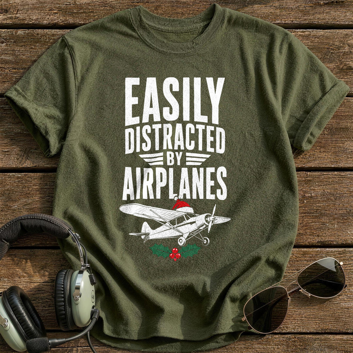 Easily Distracted By Airplanes 59 T-Shirt - Military Green