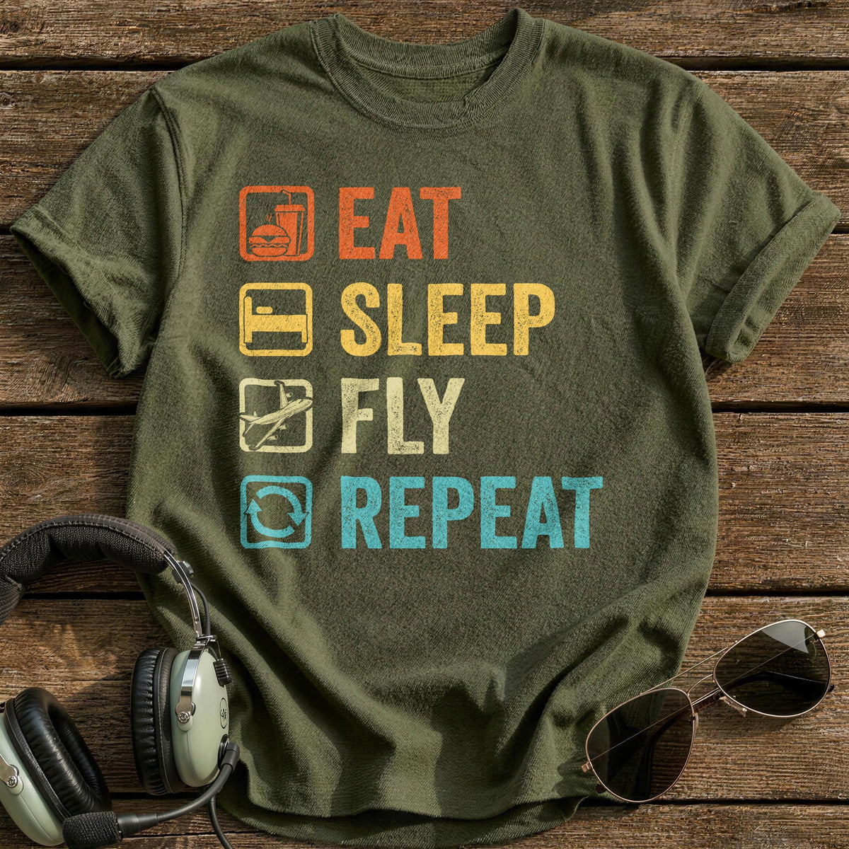 Eat Sleep Fly Repeat T-Shirt - Military Green