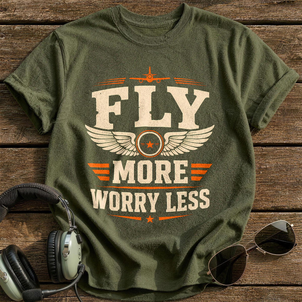 Fly More Worry Less T-Shirt - Military Green