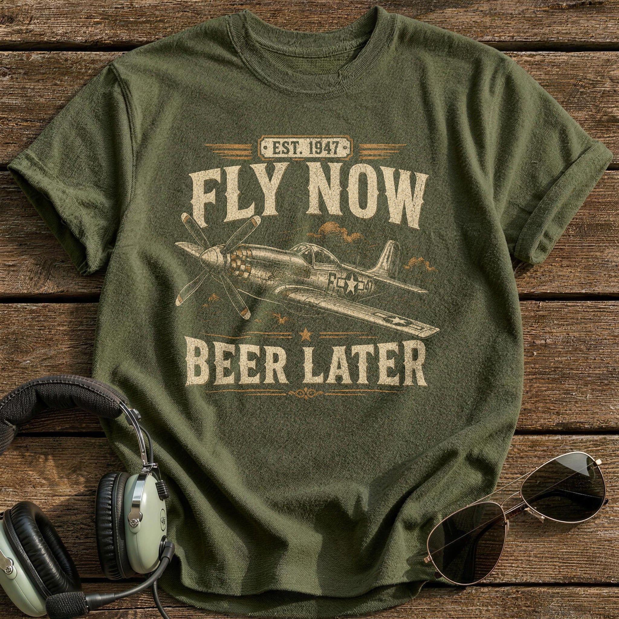 Fly Now Beer Later T-Shirt - Military Green