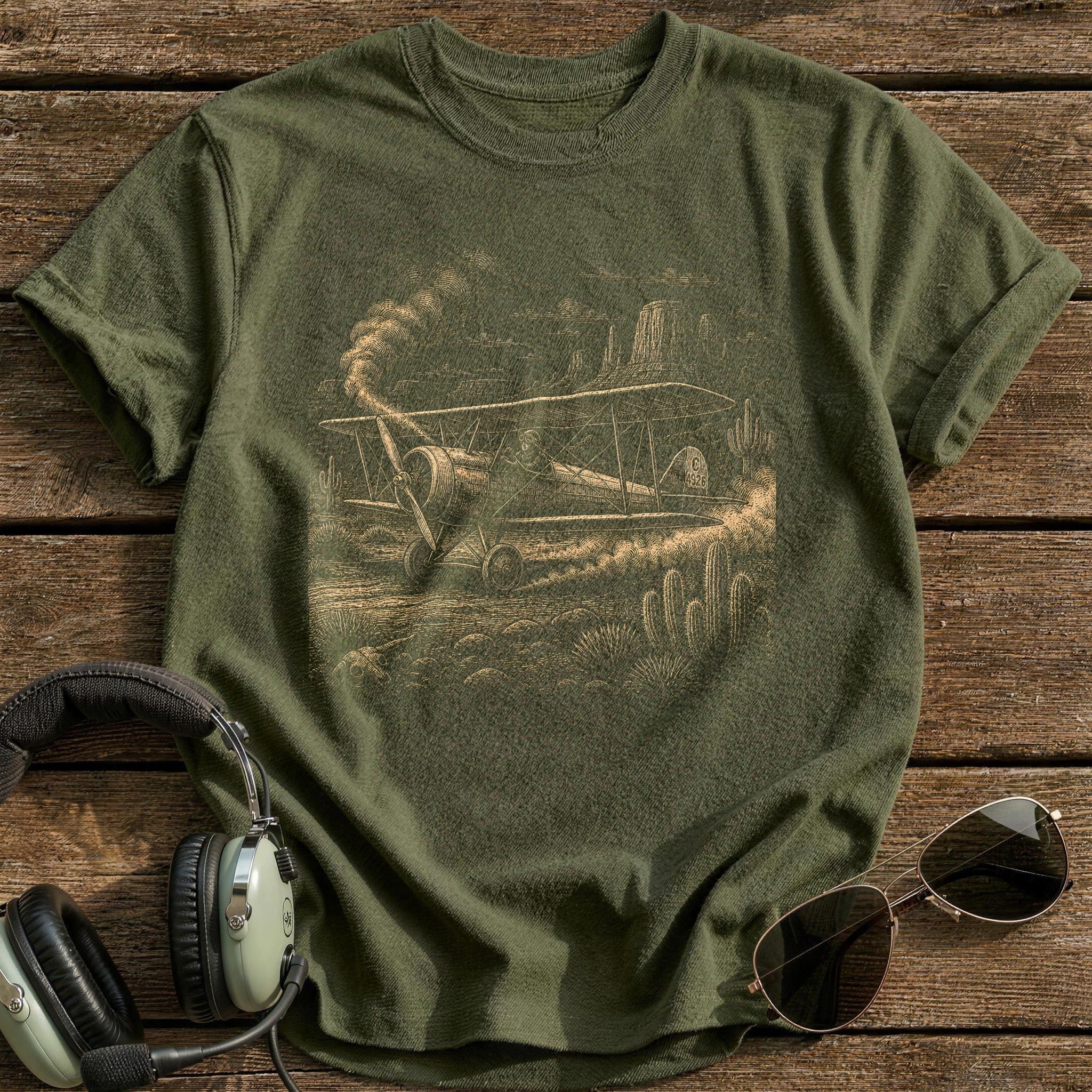 Frontier Biplane In The Desert T-Shirt - Military Green