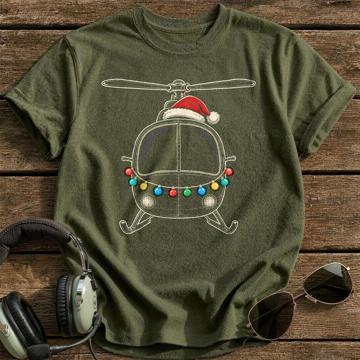 Helicopter Christmas Lights 19 T-Shirt - Military Green
