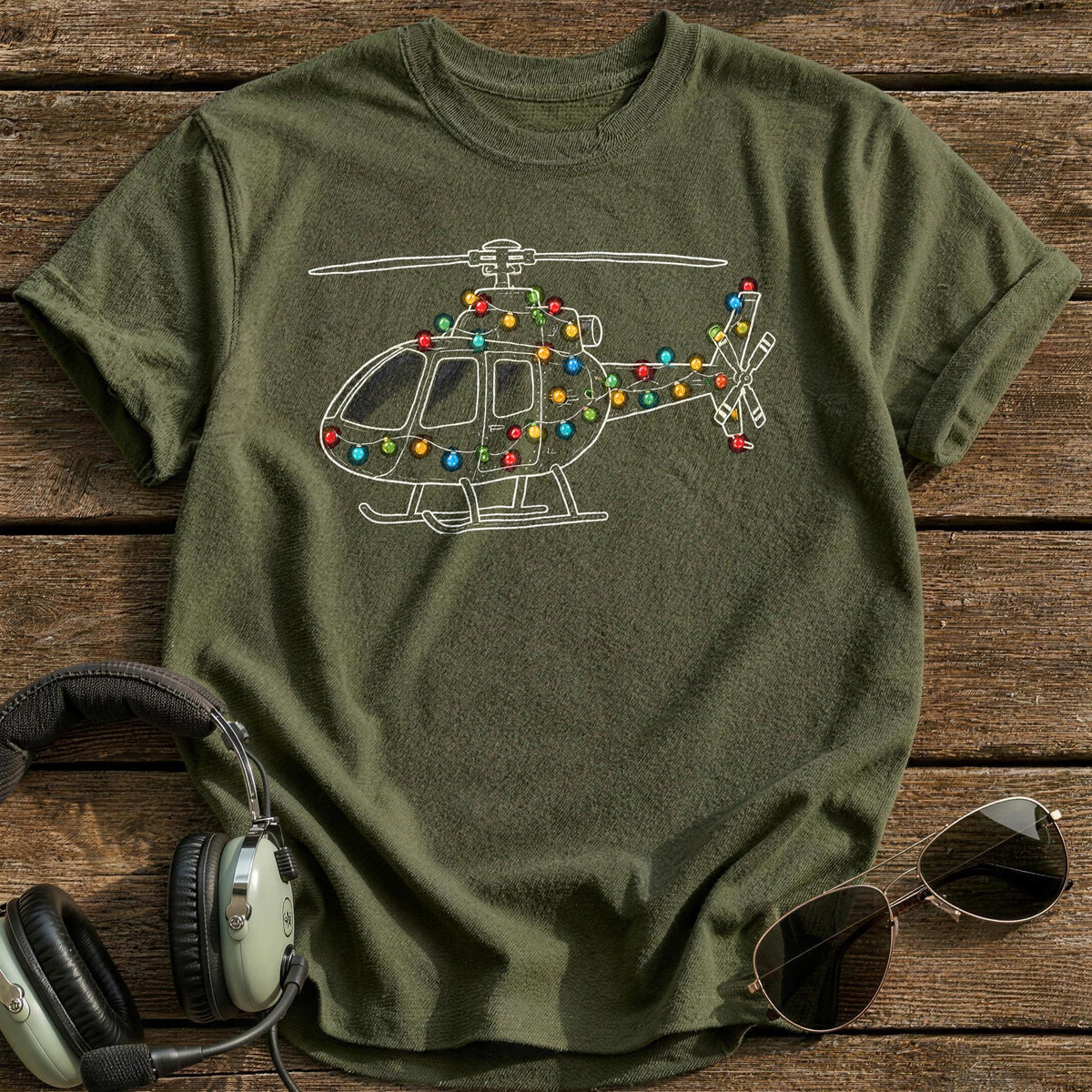 Helicopter Christmas Lights 68 T-Shirt - Military Green