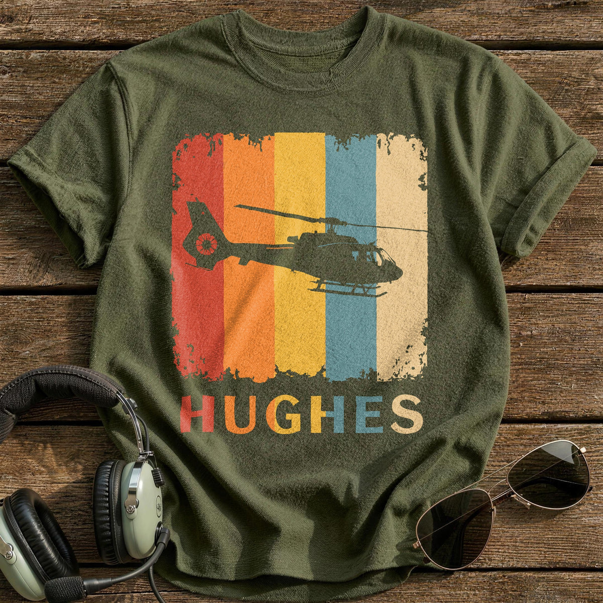 Hughes Retro Helicopter 1 T-Shirt - Military Green