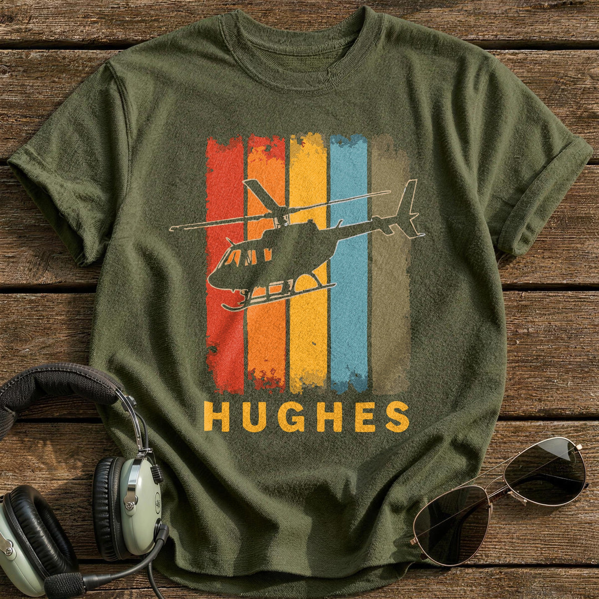 Hughes Retro Helicopter 2 T-Shirt - Military Green