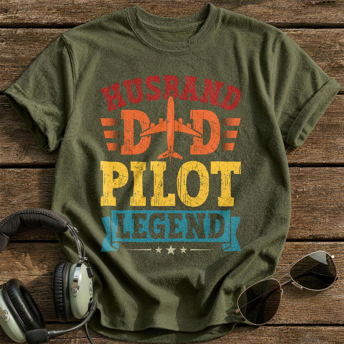 Husband Dad Pilot Legend T-Shirt - Military Green